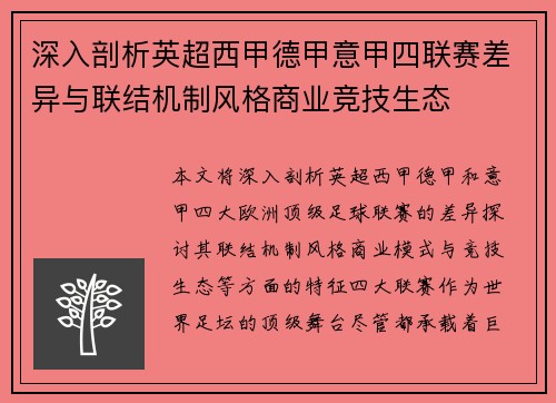 深入剖析英超西甲德甲意甲四联赛差异与联结机制风格商业竞技生态