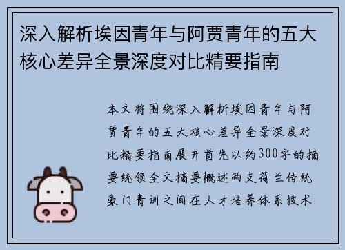 深入解析埃因青年与阿贾青年的五大核心差异全景深度对比精要指南